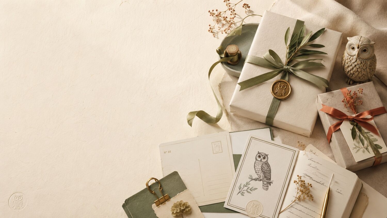 Geschenke mit salbeigrünem Band, Wachssiegel mit Eule, Postkarten und gepressten Blumen auf Bütten-Papier